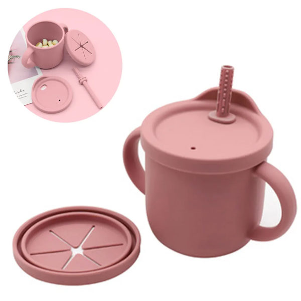 Småbarns 2-håndtak stråkopp matkvalitet silikon ubruddbar med stråbørste BPA-fri 250 ml, mørk rosa