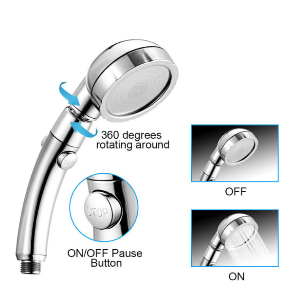 Baderom Premium Dusjhode Justerbar One-Click Vannstopp Bryter Multifunksjon Superlading Silver