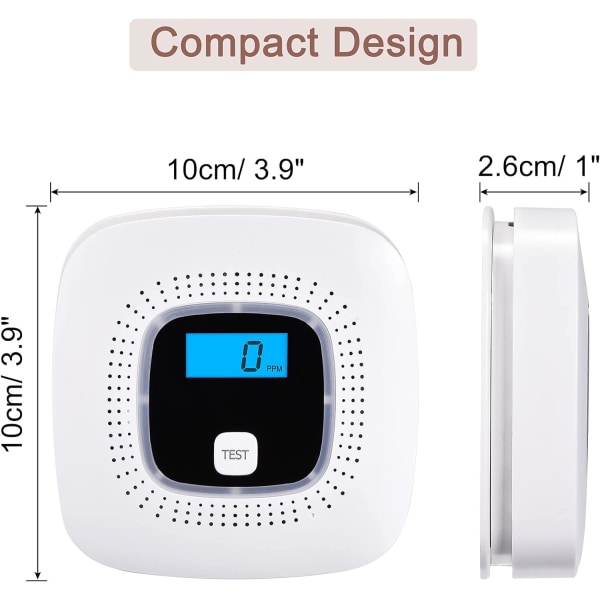 CO-detektor med digital display och utbytbar batteridrift, kolmonoxiddetektor med testknapp och LED-statuslampa, EN 50291-certifierad