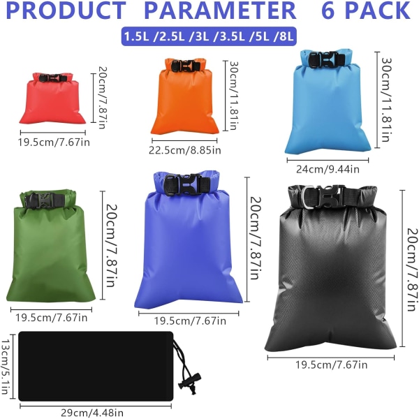 6 STK Vandtæt Dry Bag Letvægts Dry Bags Sæt med 1,5L, 2,5L, 3L, 3,5L, 5L, 8L Drybag kanoposer til sejlsport/rejse/rafting (flerfarvede)