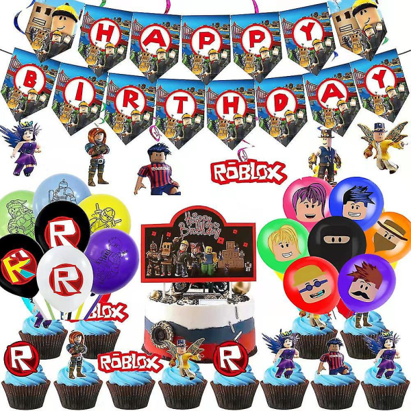 60 stk Roblox Party Dekorationssæt Bannere Balloner Kage Toppers Swirls