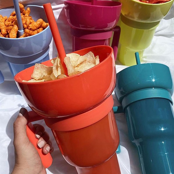 Bärbar Tumbler Snack Bowl Drink Cup med halm Multipurpose Blue