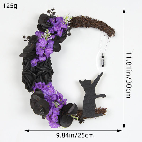 Halloween Moon Cat Garland Door Hängsmycke Festival Döda Grenar Växter Nymåne Halloween Dekoration Dark Purple Black Rose 30CM