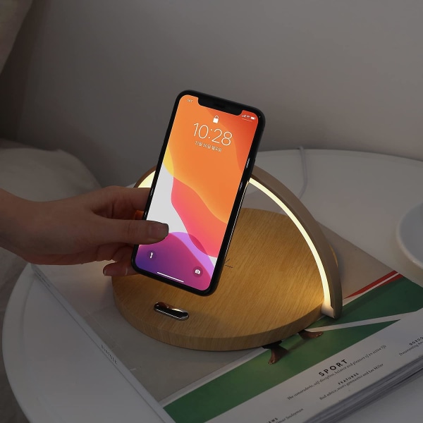 Moderne enkel trådløs opladningsnatlampe (træ), maks. 15w hurtig trådløs oplader, berøringskontrol, 3 niveauer lysstyrke, til Galaxy S10/s20/note 10, Iphon