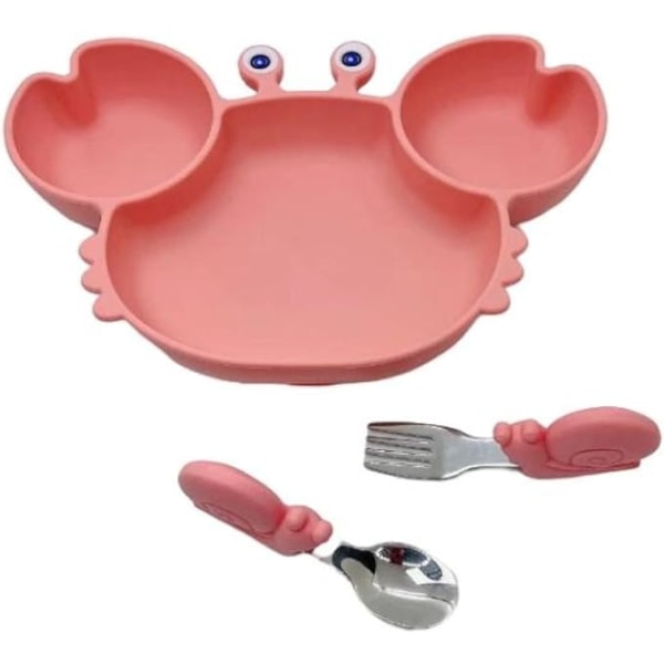 Børneservice opdelt i bakker Tredelt sæt af baby Pink krabbe + gaffelske
