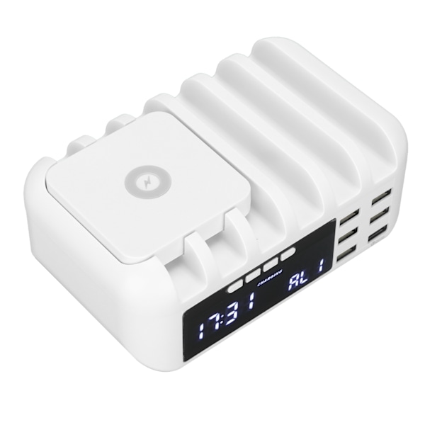 Multifunktionell 5-Portars Laddare Trådlös USB Snabbladdning Skrivbords Digital Klocka Mobiltelefonladdare 110‑240VEU-kontakt