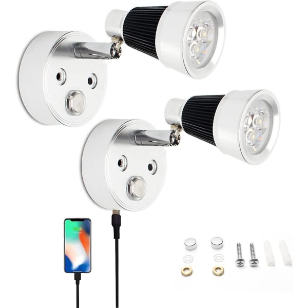 12v-24v led spot läsljus med USB, 3w Rv interiörbelysning Vägglampa med touch-dimmer för husvagn husbil husbil båt husbil (3000k)