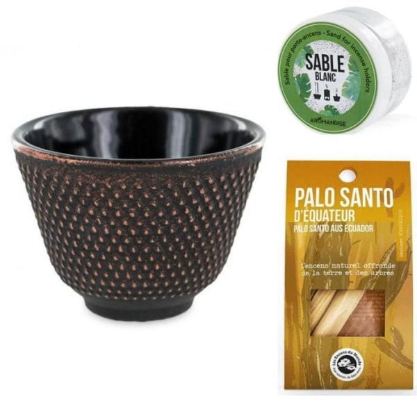 Svart och guld bägare rökelsehållare + Vit sand + Palo Santo pinnar