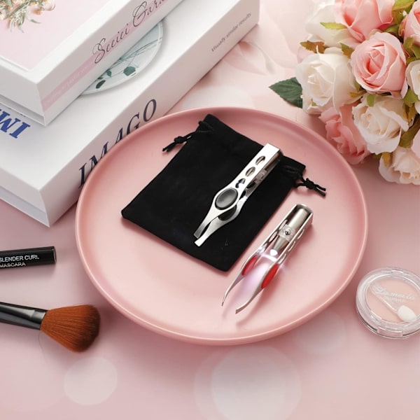 2 pincetter med LED-lys Pincet Makeup Pincet Præcisionspincet til kvinder med lamper til øjenbryn fjernelse Pincet i rustfrit stål (rød)