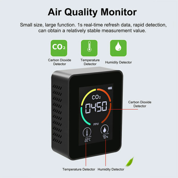 Gasdetektor CO2 Luftdetektor Luft koldioxiddetektor Grönsaks- och fruktväxthus CO2-monitor Vit Inbyggt litiumbatteri - svart
