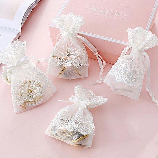 Hvid blonderpose med snøre Smykker Candy Cookie Wraps Holdbar langvarig fest (pakke med 12)