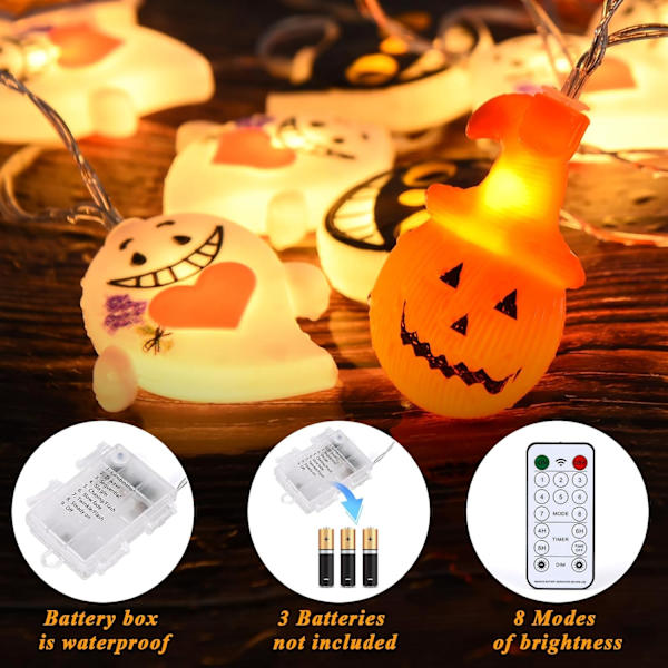 Halloween lyslenker, gresskarlamper innendørs, 3 meter LED halloween lyslenker med timer, Halloween oransje festdekorasjon for hage Vanntett