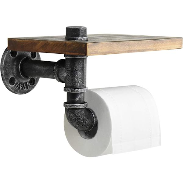 Rustik toiletpapirholder rør med hylde Industriel toiletpapirholder Væghængt Farmhouse Toiletpapirholder i træ til badeværelse (sølv)