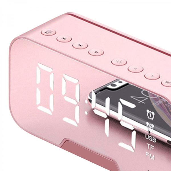 Bluetooth 5.0 Högtalare FM Radio Spegel LED Väckarklocka USB Laddare Hem Rosa