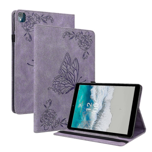 For Nokia T10 Imprint Pattern Tablet-etui PU-lær+TPU anti-ripes stativ Kortholder Skal Purple