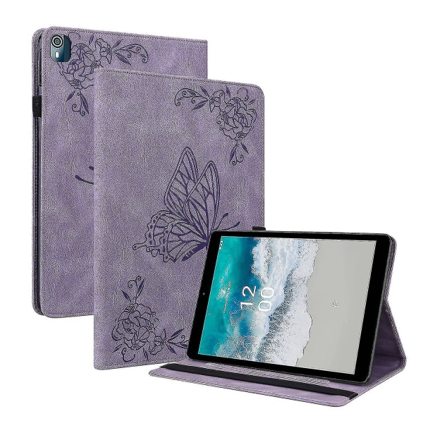 För Nokia T10 Imprinting Pattern Tablet- case PU-läder+TPU anti-scratch stativ Korthållare Skal Purple