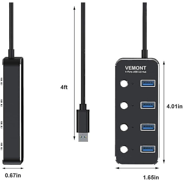 USB Hub 3.0 -jakaja, 4-porttinen USB-keskitin, alumiininen USB-datakeskitin erillisillä on/off-kytkimillä ja LED-valolla