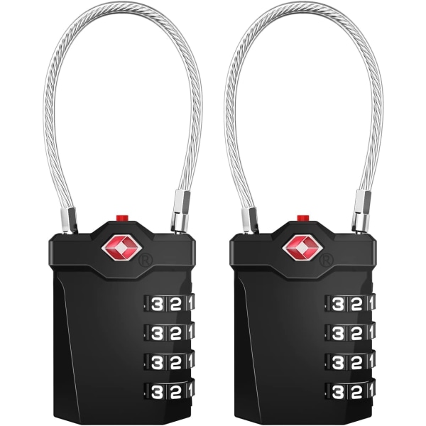 Bagage hængelås, 4-cifret kombineret hængelås med åben alarm, kombineret hængelås med gymnastikkabel (2 stk., sort)