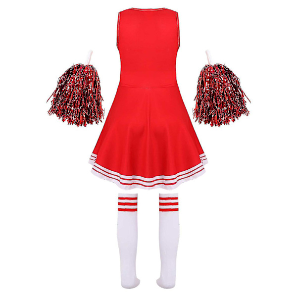 Barn Cheerleading Kostym Skoltjejer Cheerleader Uniformer Cheer Dans Outfits För Halloween Klänning Med Strumpor Blomma D_y Red 7-8 Years