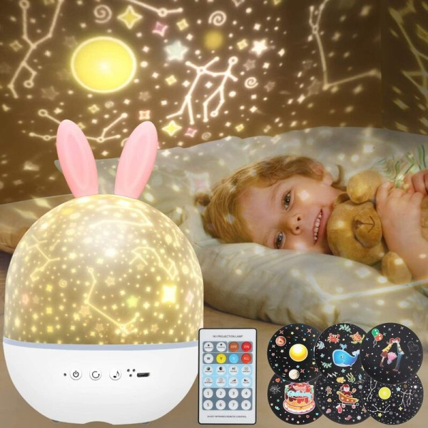 Børnenatlys Stjerneprojektorlampe, 360° roterende musiknatlys + timer + fjernbetjening + 6 farver, LED-stjernehimmel