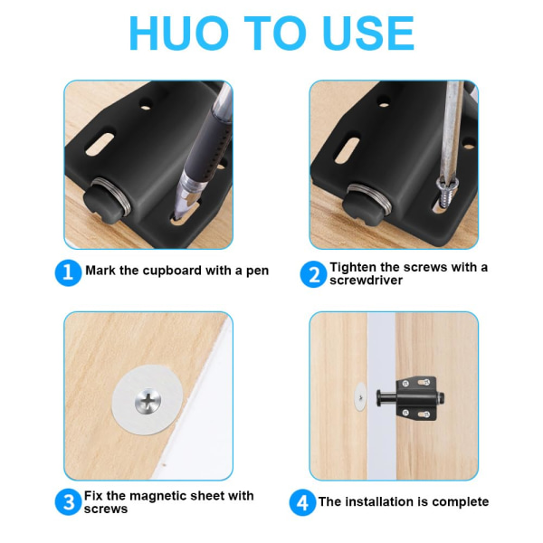 Paket om 10 Magnetic Push Dörröppnare Magnetic Hake Möbler Fjäder Hake Magnetisk Stängning Tryck för att öppna Magnet Push Hake för skåpdörrar (svart)