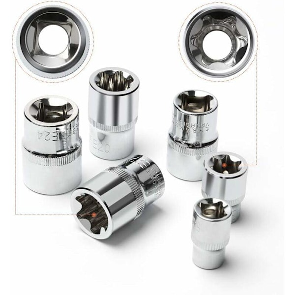 Tähtimalliset Torx-hylsyt tyyppi ERatchet box I Hylsyprofiilisarja E (ulkoiset Torx) E4 - E24, Irisfr (14 kpl pakkaus)