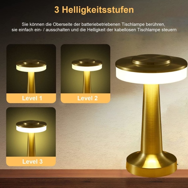 (Gold Golden) Trådlös sänglampa, metall USB uppladdningsbara LED-bordslampor, för sovrum, sängbord, restaurang, heminredning, batteridriven nig