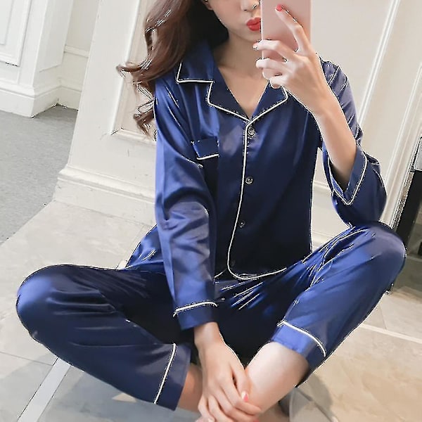Naisten Satin Silk Look Yöasut Pyjamat pitkähihaiset yöasut Blue M