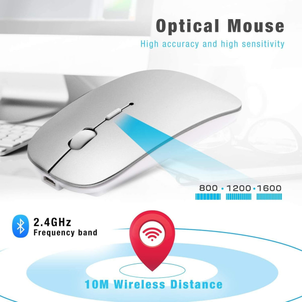 Bluetooth-mus för bärbar dator/iPad/iPhone/Mac (iOS 13.1.2 och） Silver