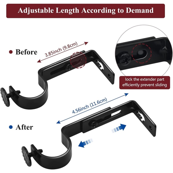 Gardinstangsbraketter, justerbare gardinstangsbraketter Svart metall Heavy Duty gardinstangsbraketter Holdere for 25 mm-28 mm gardinstenger, 4-pakning