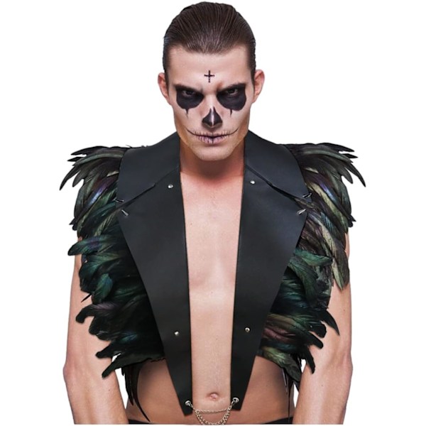 Gotisk sort fjerkappe stola skulderpels PU læder krave skulderwrap vinger bolero halloween kostume (sort)