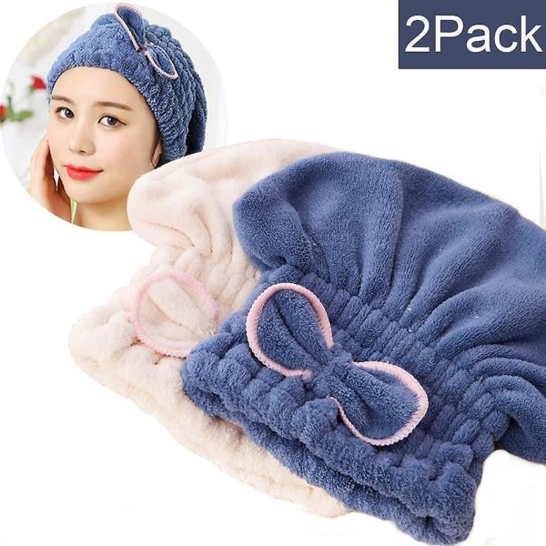 2-pak mikrofiber hårtørrerhætter Superbløde og superabsorberende hurtigtørrende hårbandana håndklædebrusehætter til piger og kvinder (blå + beige)