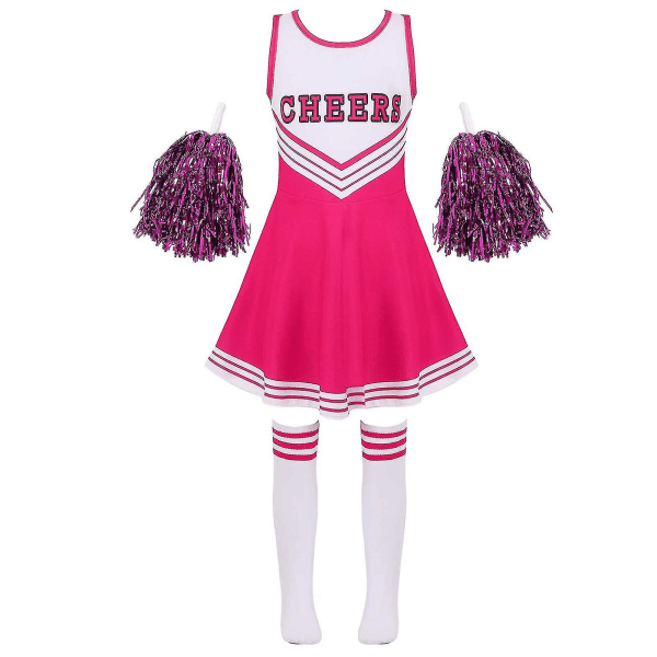 Kids Cheerleading Kostume Skolepiger Cheerleader Uniformer Cheer Danse Outfits Til Halloween Kjole Med Strømper Blomst D_y Pink 9-10 Years