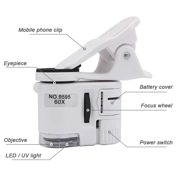 Universal clip-on mikroskop 60X LED smykker fokusforstørrelsesglas lommemikroskop med klips til mobiltelefon UV 1 stk.