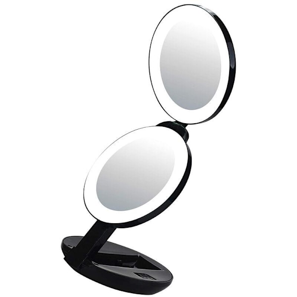 Tri-fold makeup spejl, transportabelt foldbart skønheds dobbeltsidet lille LED spejl med fyldlys (sort Diameter 11,43*2,9 cm)