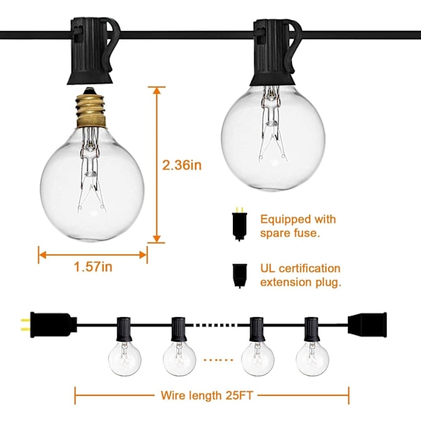Utomhusljusslinga 25 fot, vattentät, anslutbar balkong