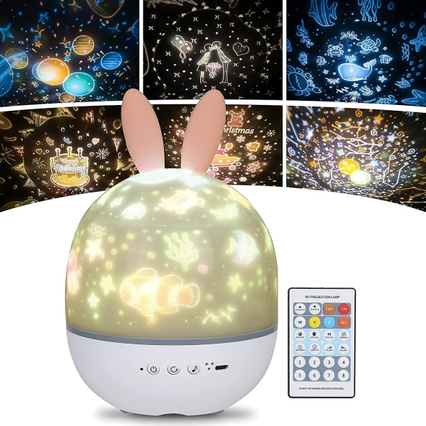 Børnenatlys stjerneprojektorlampe, 360 rotations musik natlys + timer + fjernbetjening + 6 farver, led baby stjernehimmel natlys til bi