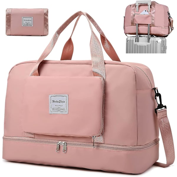 Naisten kokoontaittuva viikonloppulaukku yösairaalalaukku kenkälokerolla ja märkätaskulla, vedenpitävä liikuntalaukku Duffle bag -matkalaukku naisille Pink