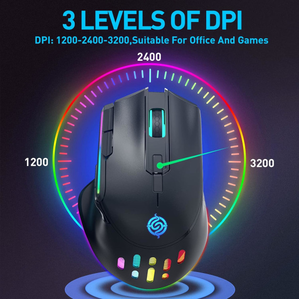 Trådlös spelmus, trådbunden och trådlös dubbla lägen Uppladdningsbar RGB-spelmus med 9 knappar, ergonomisk och 3 justerbara DPI (svart)