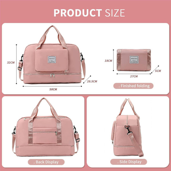Naisten kokoontaittuva viikonloppulaukku yösairaalalaukku kenkälokerolla ja märkätaskulla, vedenpitävä liikuntalaukku Duffle bag -matkalaukku naisille Pink