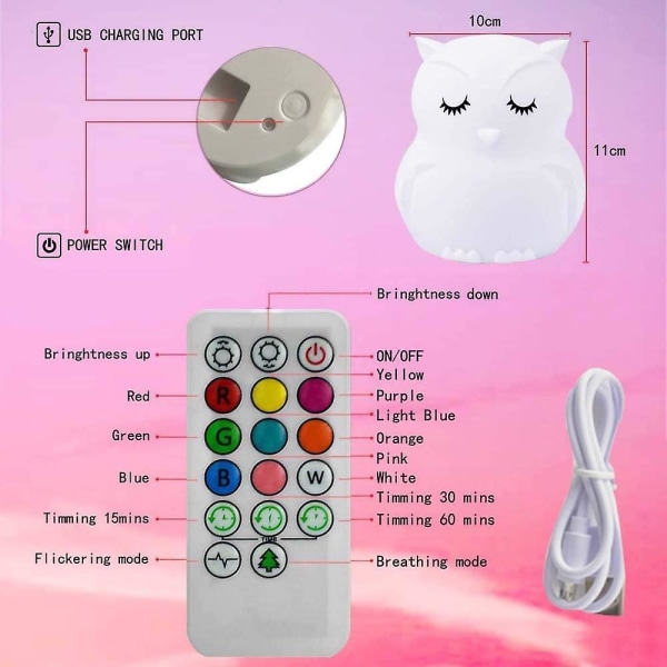 Uppladdningsbar Baby Led Owl Night Light - Touch Sensor & Fjärrkontroll, 9 färgglada växlande lägen - Perfekt för baby , barnkammare, dekorativ lampa