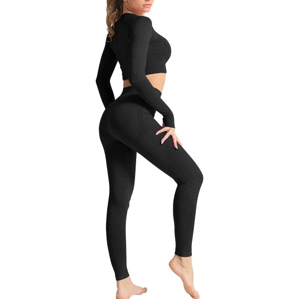 2 delar hög midja yoga outfit set Gym långärmad topp och jumpsuit (svart) L Black Black l