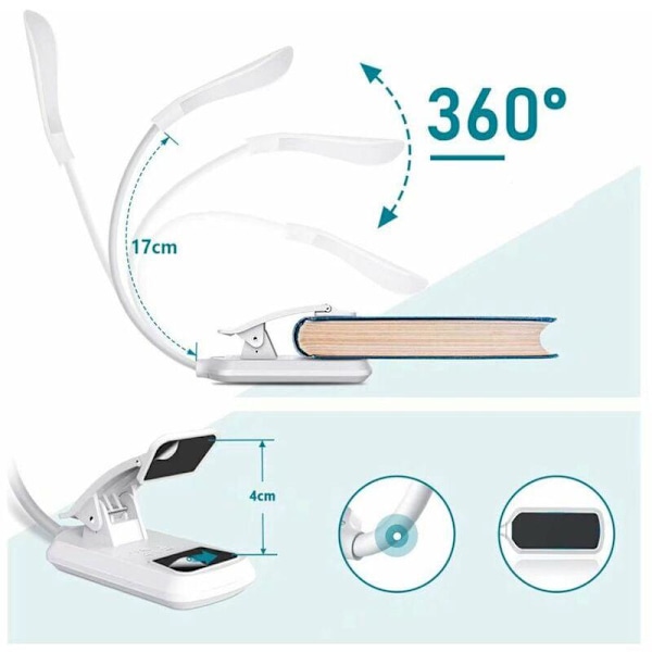 Øyebeskyttelse boklampe Hvit LED lesebok klipp natt mini nattlys, e-leser, reise, for lesing, belysning