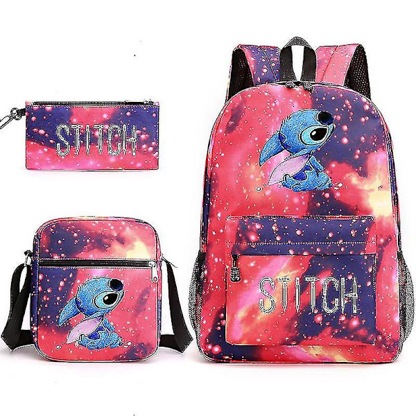 Lilo Stitch Stitch Ryggsekk, Skulderveske, Pennal, Svart Studentveske, Tridelet Sett, Flame Red A