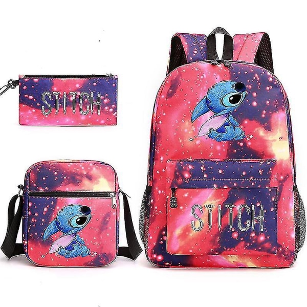 Lilo Stitch Stitch rygsæk, skuldertaske, blyanttaske, sort studentertaske, 3-delt sæt, Flammerød A