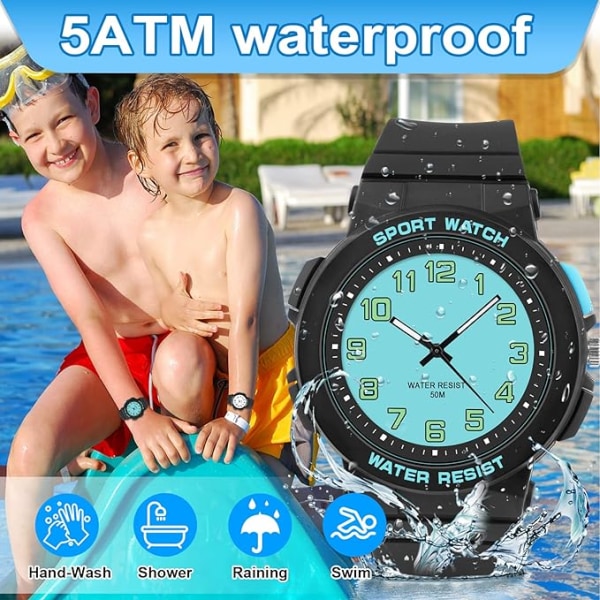 barnklockor pojkar flickor，Anag watch med bakgrundsbelysning，Tonårsbarn 5ATM vattentät analog watch Mjukt gummiband Lättläsbar urtavla Watch