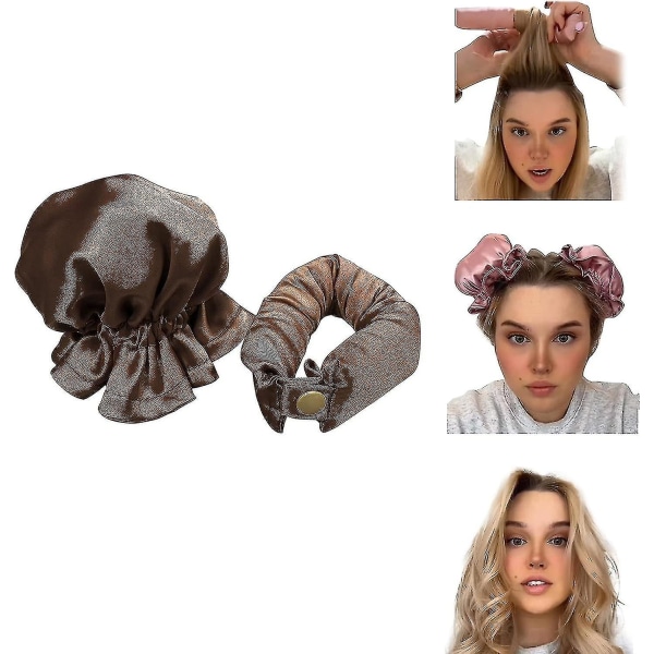 Satin Heatless Hair Curler 2 Set, Hårrullar För Heatless Lockar Med Hårlockar, Mjuk Curling Rod Pannband för långt hår, Curling Set för sömn Brown