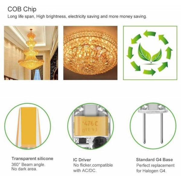 G4 LED Pære 3W DC/AC 12V Svarer til 30W Halogenpære Varm Hvid 3000K - 10 pakker