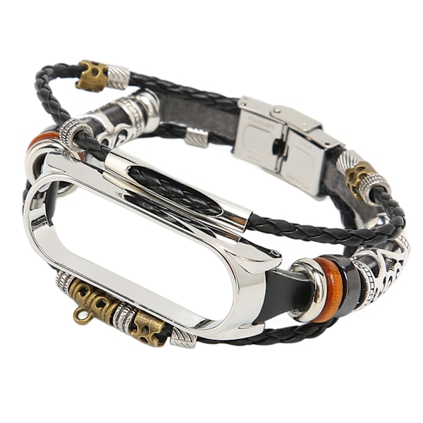 Retro Läderarmband för Xiaomi Mi Band 5/6 NFC Mode DIY Uppgradering Armband Svart Silver