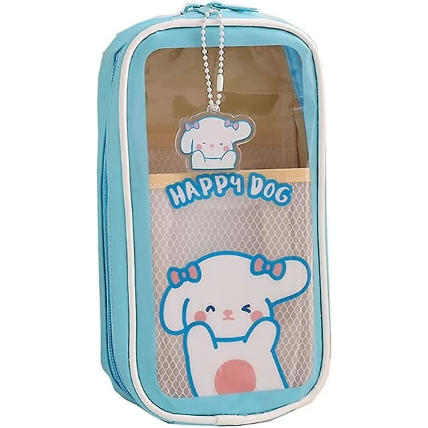 Blå Happy Puppy Kawaii pennal med stor kapasitet, gjennomsiktig pose for skolemateriell, bærbar pennal, perfekt gave til kontor, skole, tenåring